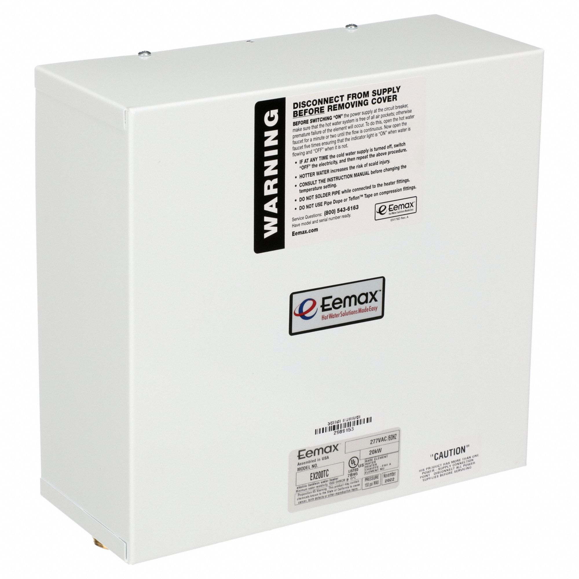 Electric Tankless Water Heater: Indoor, 20, 000 W, 3 gpm Max. Flow Rate, 10.25 in Overall Ht