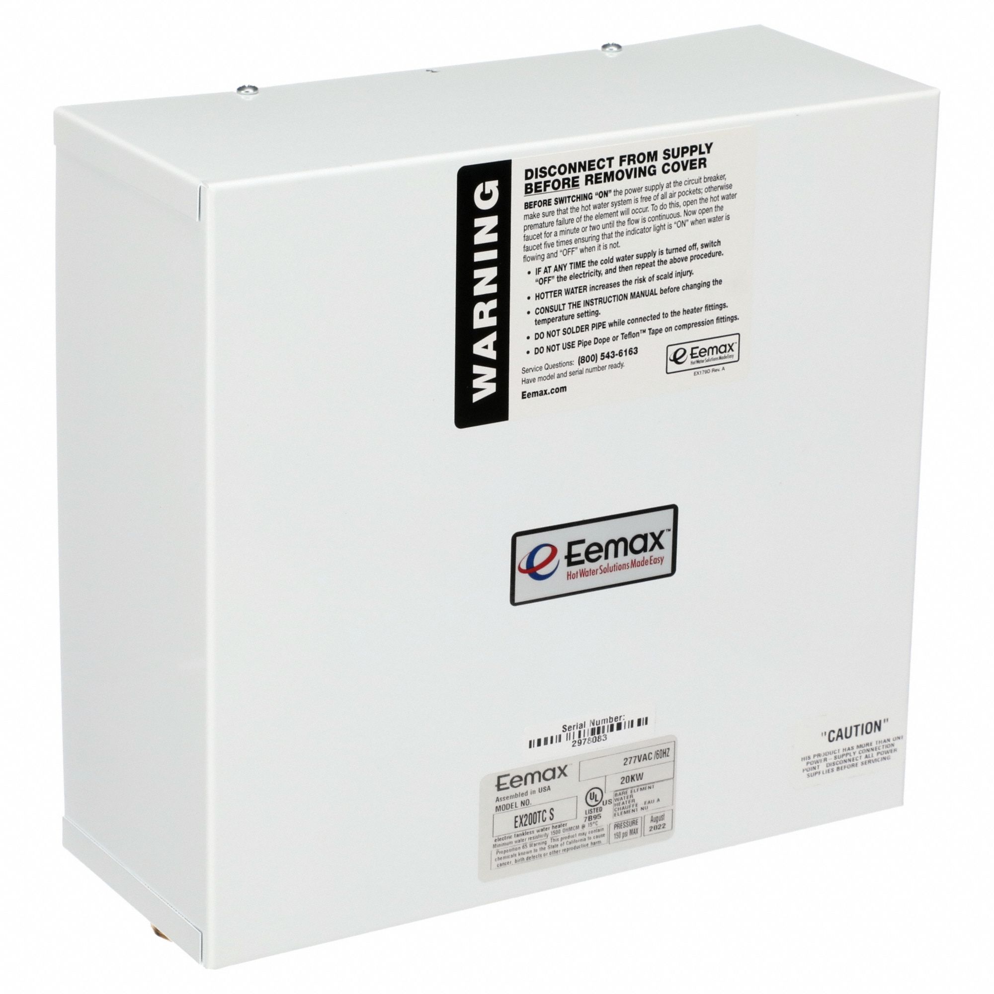 Electric Tankless Water Heater: Indoor, 20, 000 W, 3 gpm Max. Flow Rate, 10.25 in Overall Ht