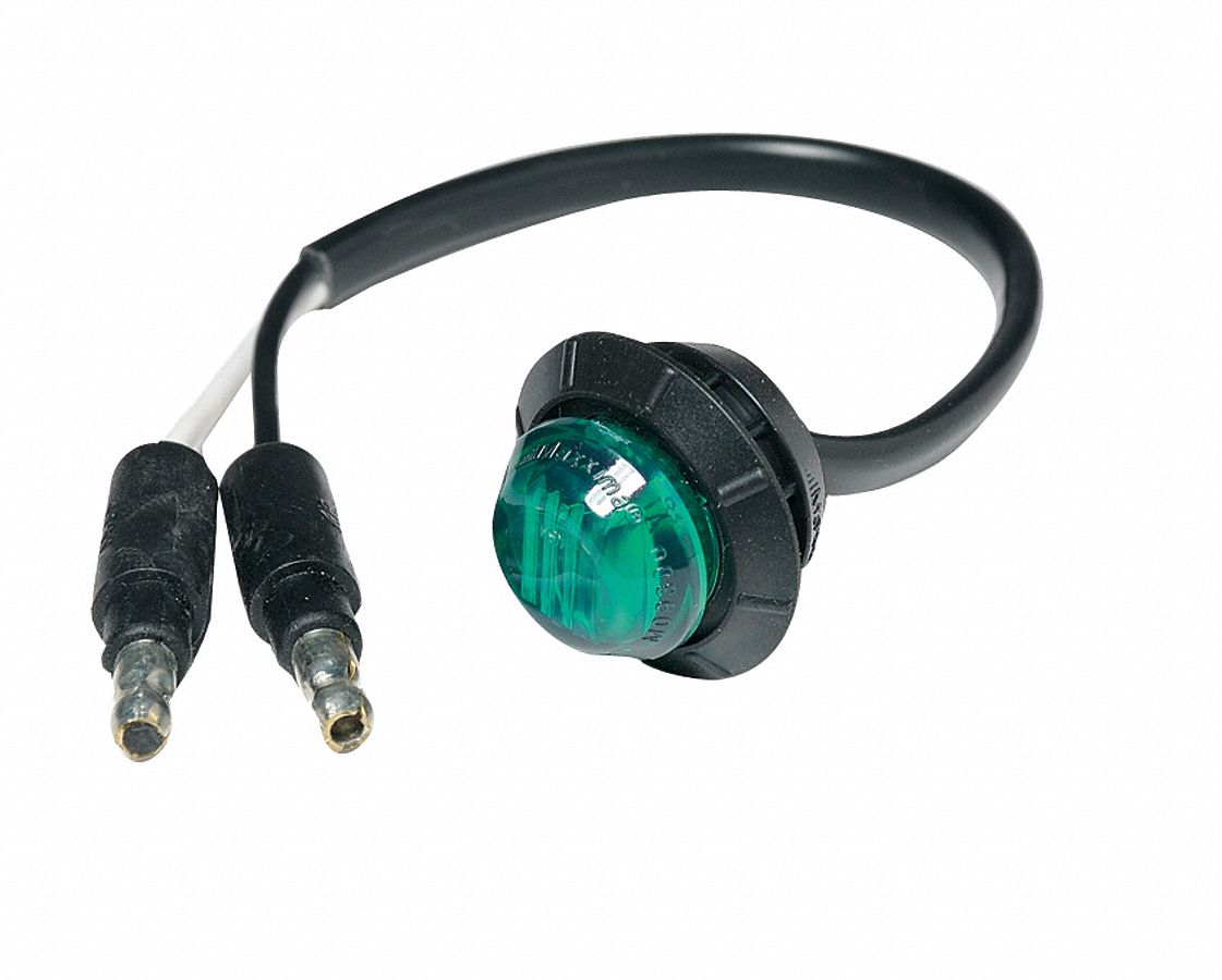 CARGO LIGHT, COURTESY LIGHT, LED, GREEN, ROUND, 12.8V DC, WIRE LEADS, 3/4 IN OVERALL L