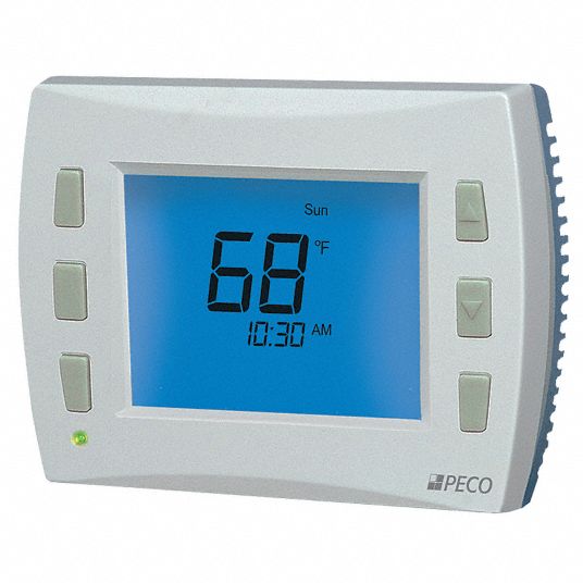 PECO Low Voltage Thermostat: Heat and Cool, Auto and Manual, 5-1-1/5-2/7  Day, Horizontal, Rectangle