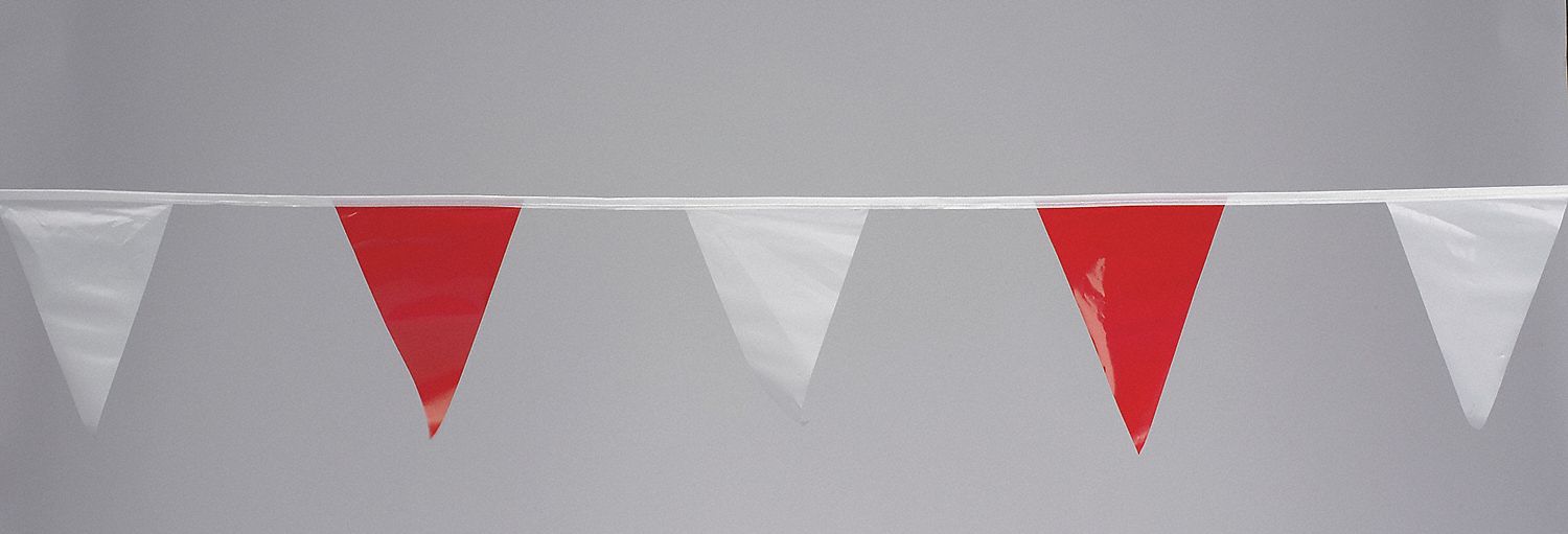 Pennants: 12 in Ht, 9 in Wd, 60 ft Overall Lg, Vinyl, Red/White