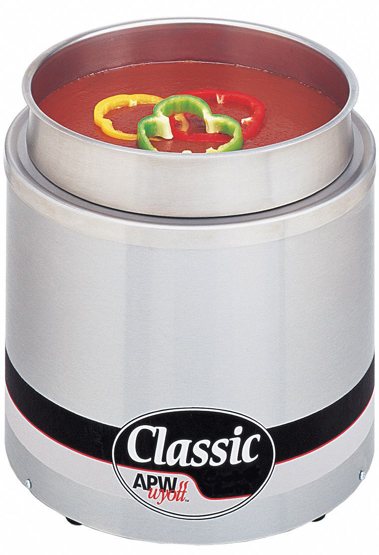 Round Countertop Warmer: 11 qt Capacity, 700 W Watt, 8 1/2 in Overall Ht, 12 1/2 in Overall Wd