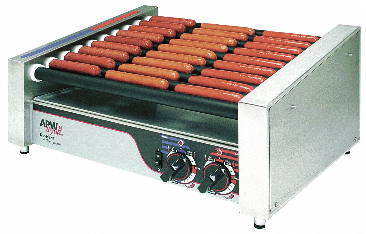 Slanted Hot Dog Roller Grill: Up to 27 Hot Dogs, 19 1/2 in Cooking Surface Wd, Chrome
