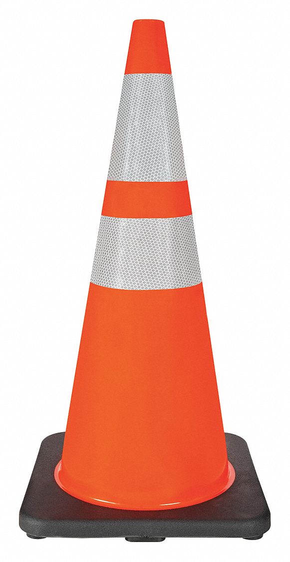 TRAFFIC CONE, NIGHT OR HIGH-SPEED ROADWAY, REFLECTIVE, ORANGE/BLACK BASE, 28 IN