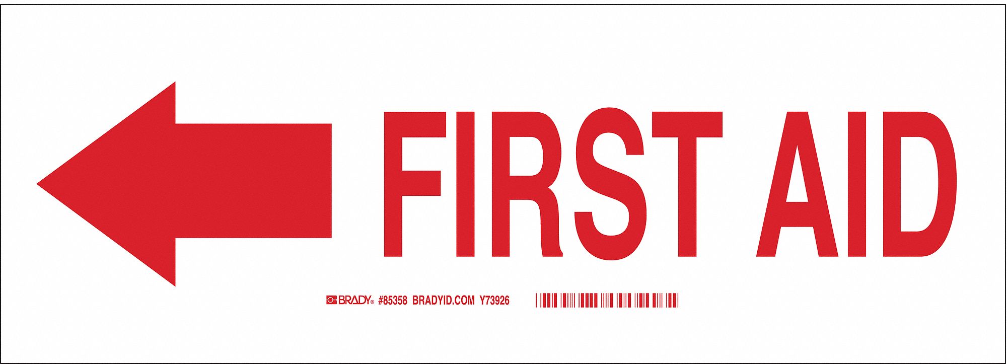 FIRST AID SIGN, POLYESTER, 14 IN WIDTH, 3½ IN HEIGHT, WHITE, ADHESIVE SURFACE