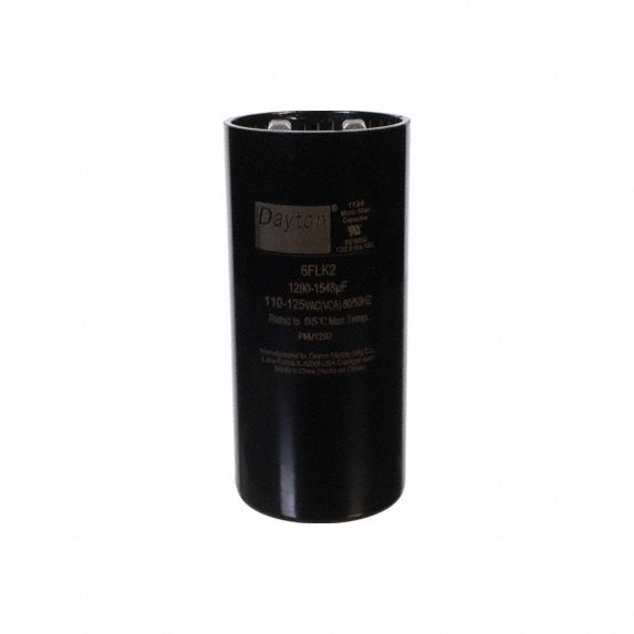 Motor Start Capacitor: Round, 4 3/8 in Case Ht, 2 1/16 in Dia, 110-125V AC, 1290-1548 MFD