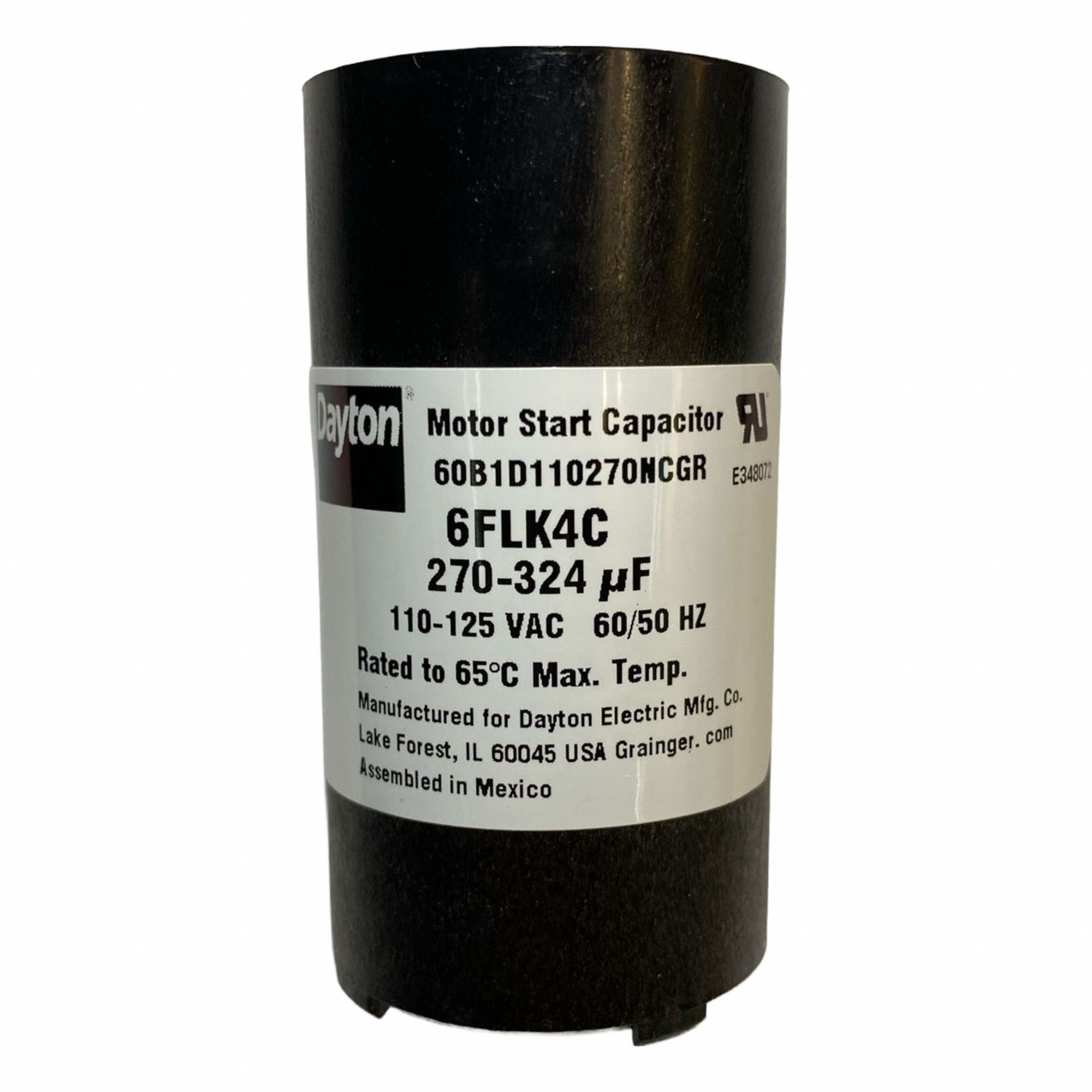 Motor Start Capacitor: Round, 2 3/4 in Case Ht, 1 7/16 in Dia, 110-125V AC, 270-324 MFD