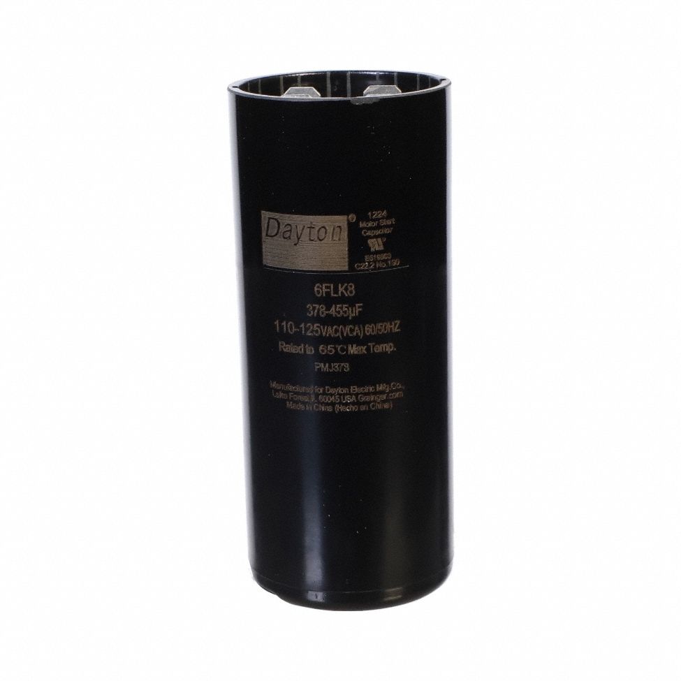 Motor Start Capacitor: Round, 3 3/8 in Case Ht, 1 7/16 in Dia, 110-125V AC, 378-455 MFD