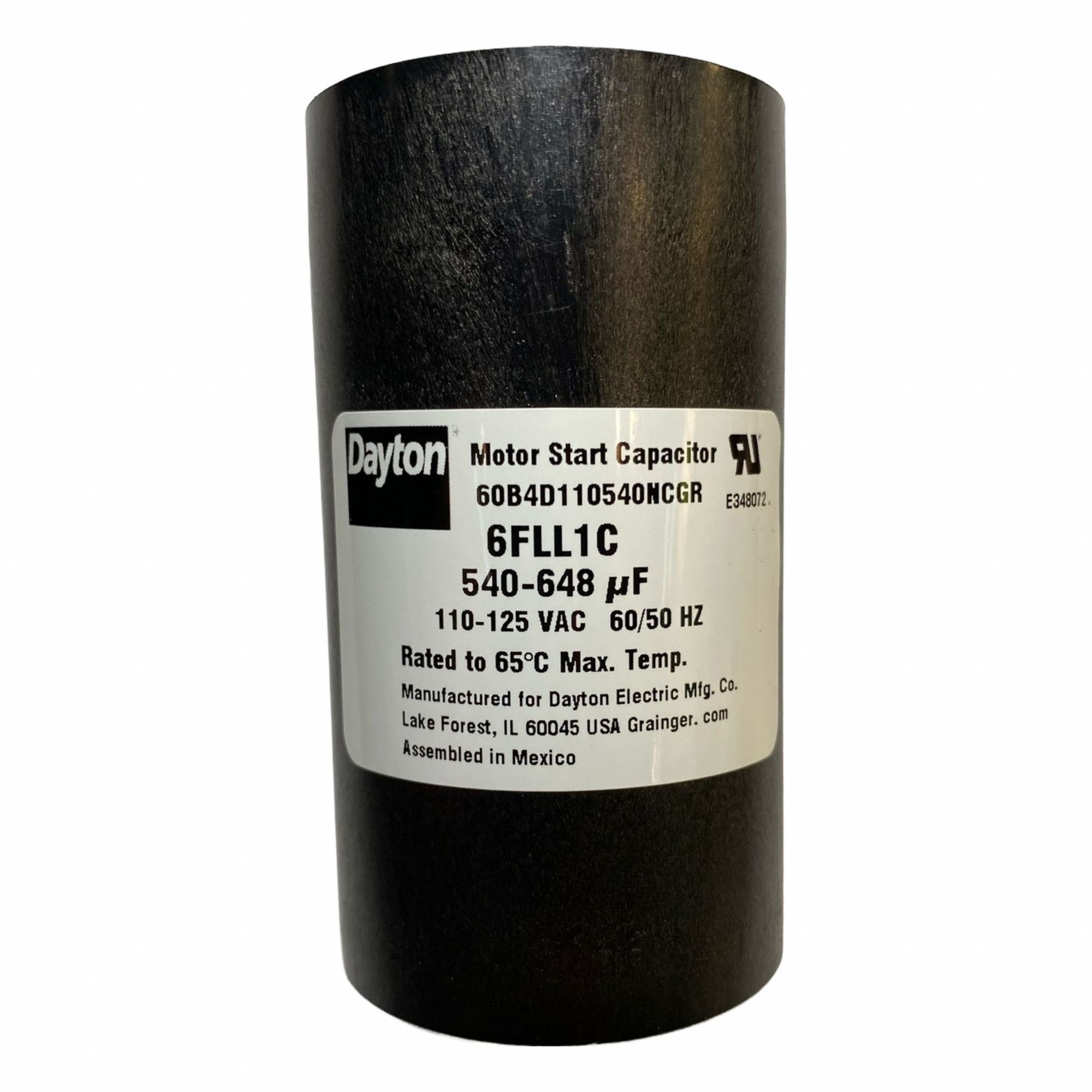 Motor Start Capacitor: Round, 3 3/8 in Case Ht, 1 13/16 in Dia, 110-125V AC, 540-648 MFD
