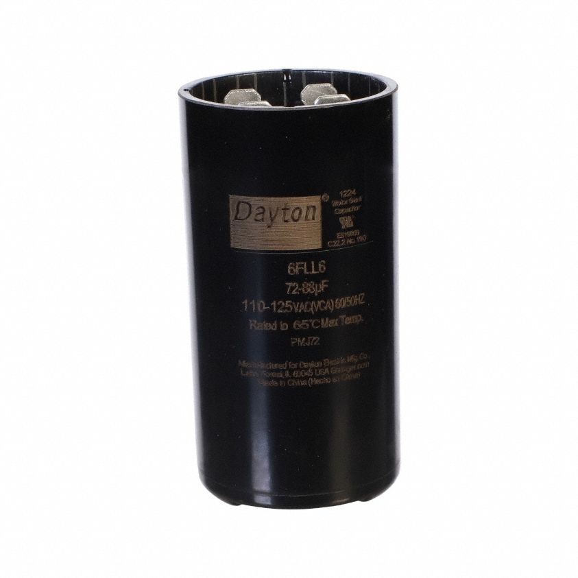 Motor Start Capacitor: Round, 2 3/4 in Case Ht, 1 7/16 in Dia, 110-125V AC, 72-88 MFD, 6FLL6