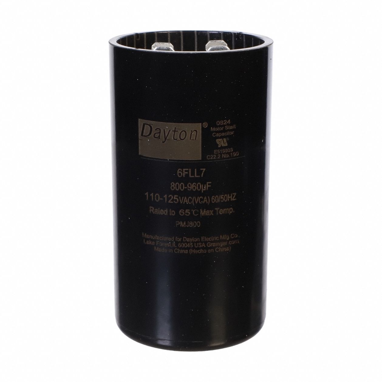 Motor Start Capacitor: Round, 3 3/8 in Case Ht, 1 13/16 in Dia, 110-125V AC, 800-960 MFD