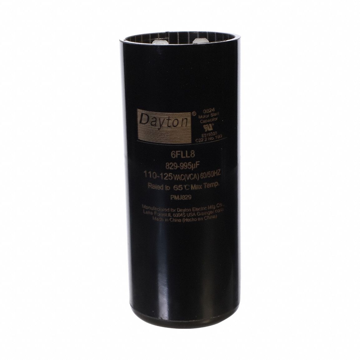 Motor Start Capacitor: Round, 4 3/8 in Case Ht, 1 13/16 in Dia, 110-125V AC, 829-995 MFD