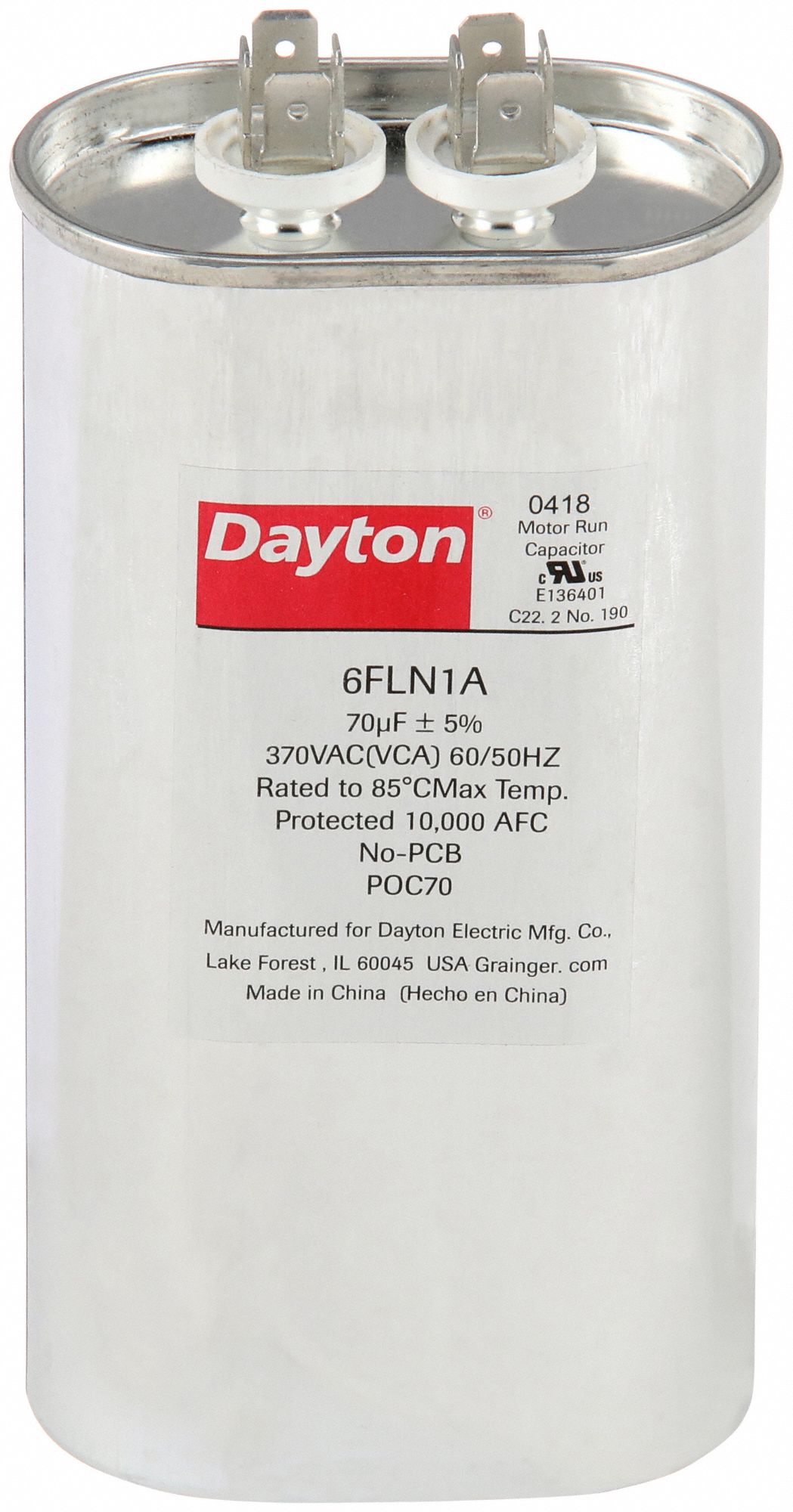 Motor Run Capacitor: Oval, 370V AC, 70 MFD, 5 5/8 in Overall Ht, -25°C Op Temp - Min, Steel