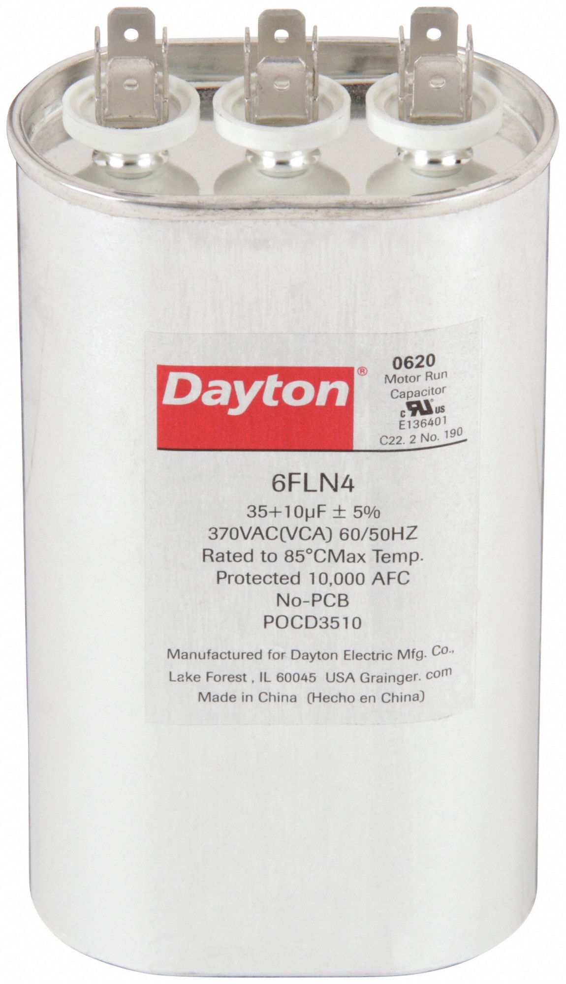 Motor Dual Run Capacitor: Oval, 370V AC, 35/10 MFD, 5 1/4 in Overall Ht, -25°C Op Temp - Min