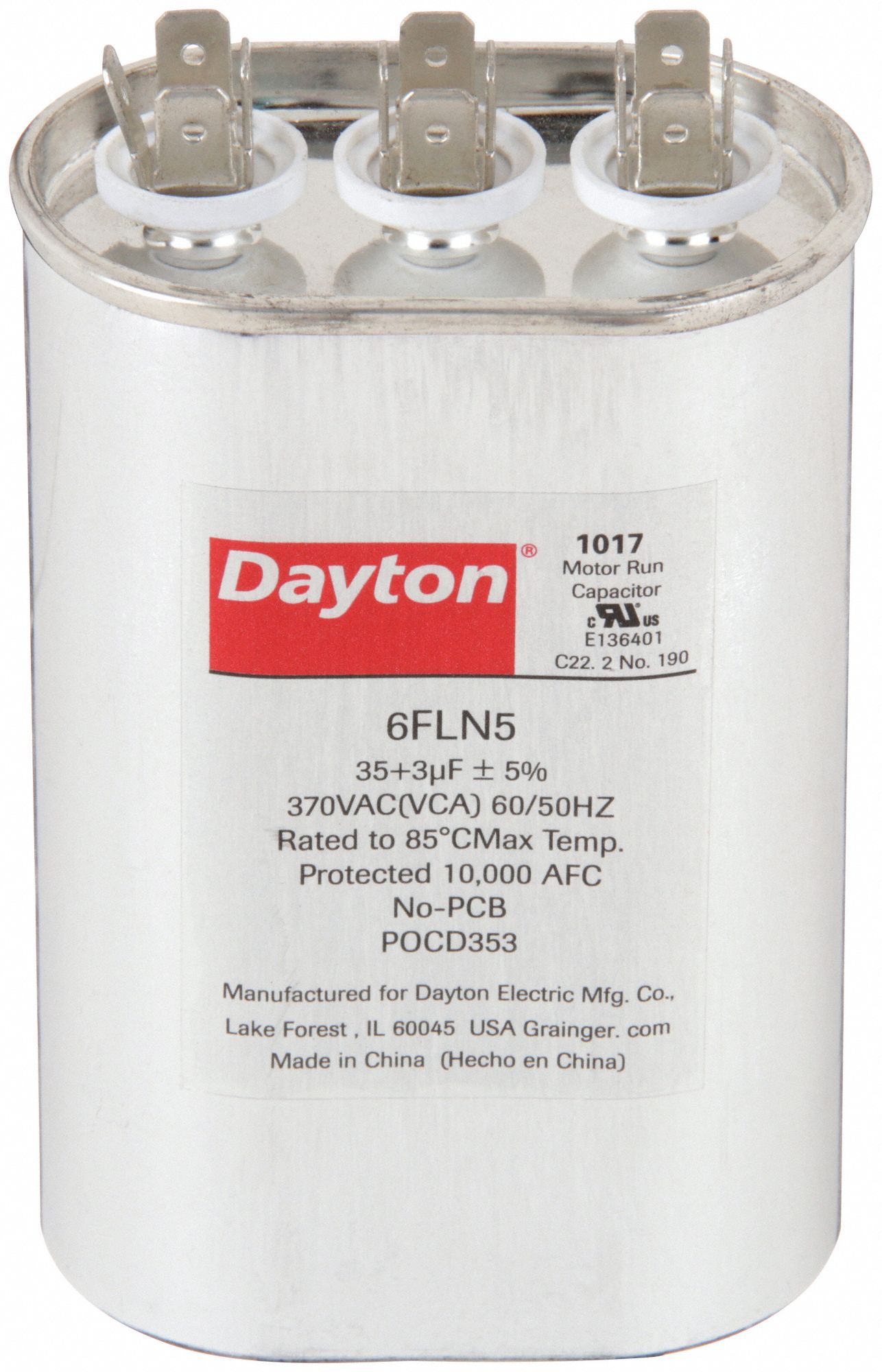 Motor Dual Run Capacitor: Oval, 370V AC, 35/3 MFD, 4 5/8 in Overall Ht, -25°C Op Temp - Min