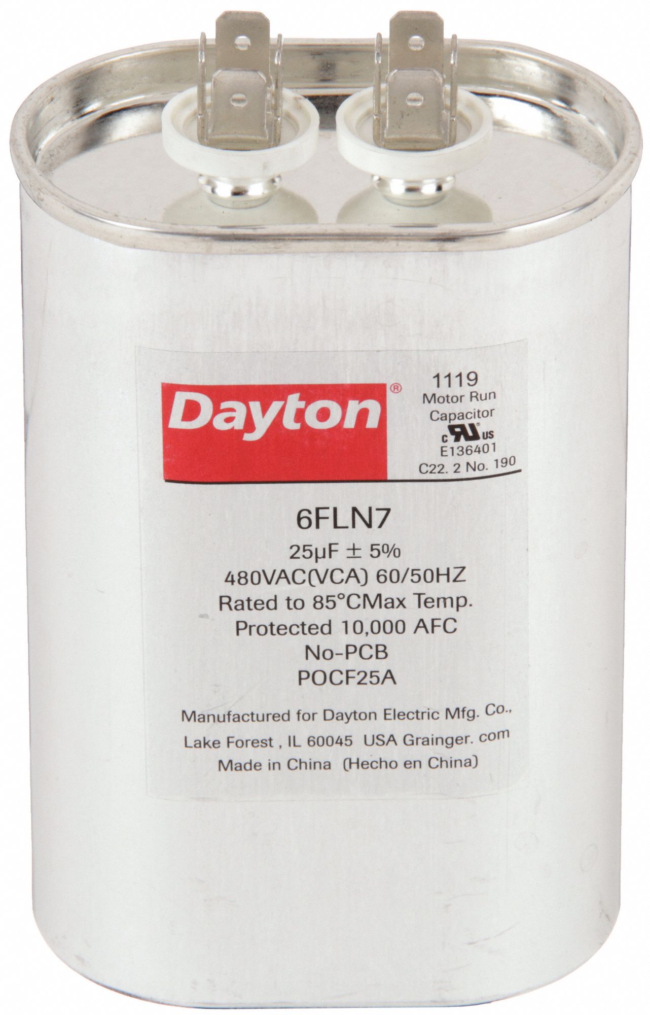 Motor Run Capacitor: Oval, 480V AC, 25 MFD, 4 5/8 in Overall Ht, -25°C Op Temp - Min, Steel