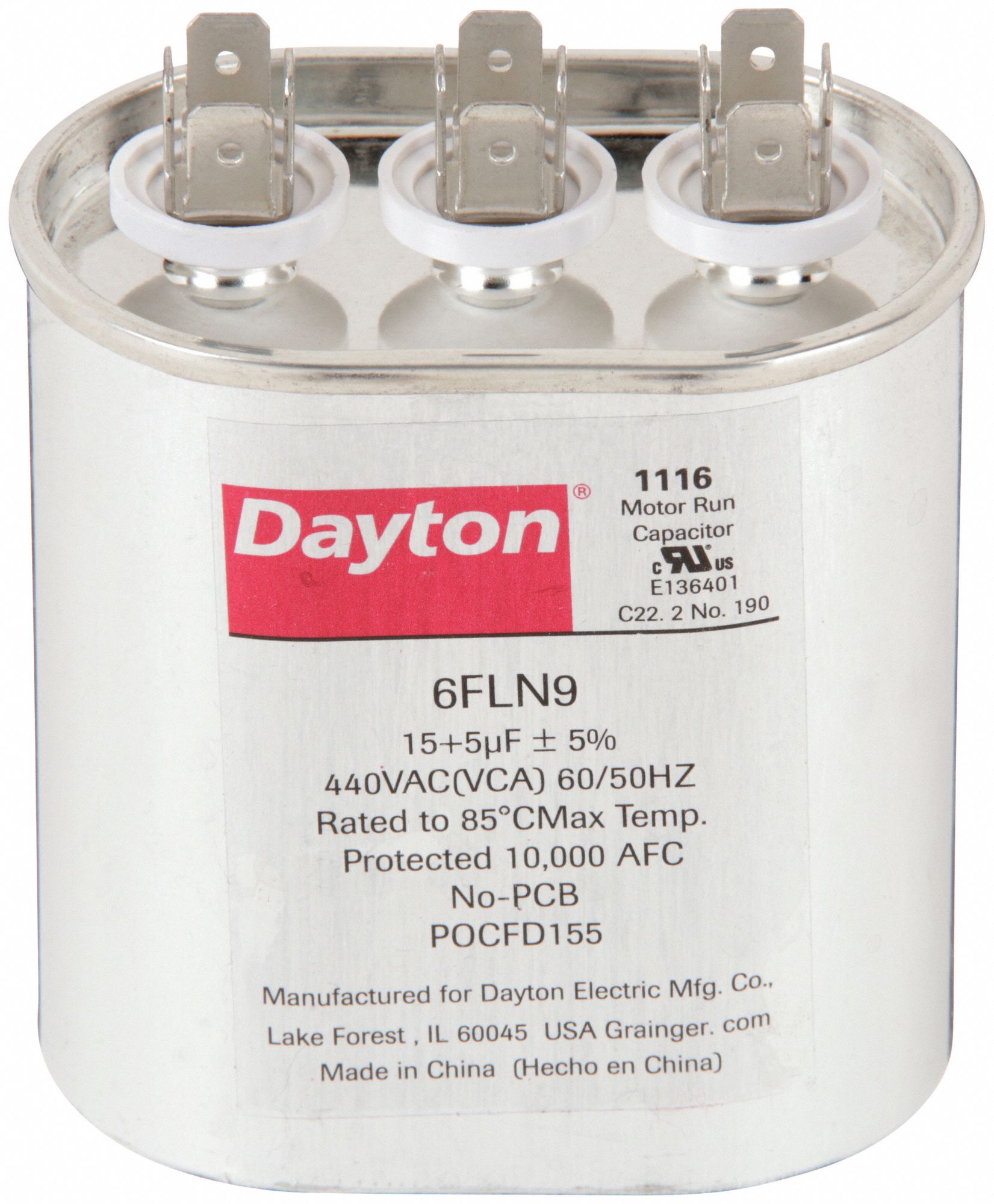 Motor Dual Run Capacitor: Oval, 440V AC, 15/5 MFD, 3 7/16 in Overall Ht, -25°C Op Temp - Min