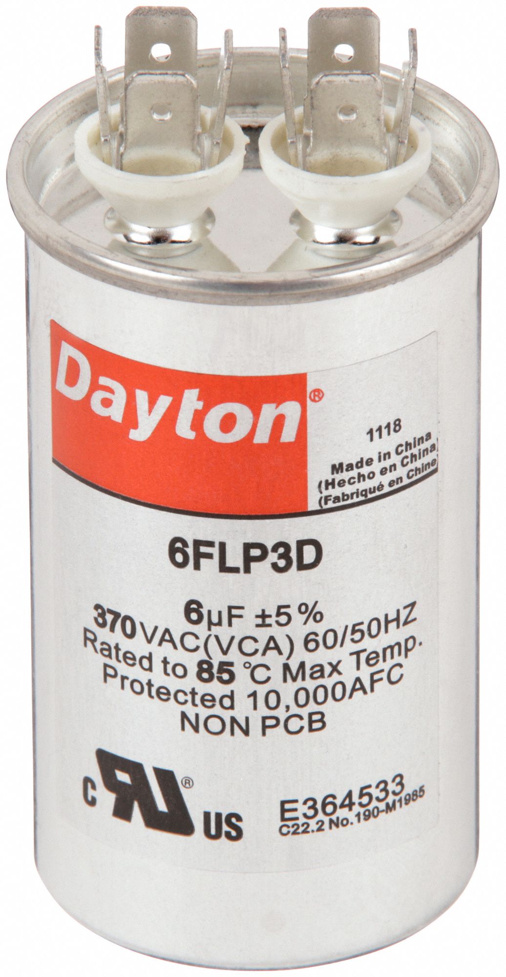 MOTOR RUN CAPACITOR, 6 MFD, 2 11/16 IN H, 370 V AC