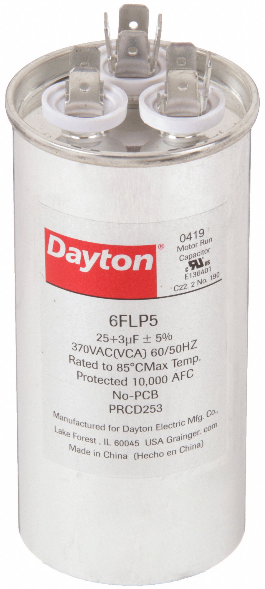 Motor Dual Run Capacitor: Round, 370V AC, 25/3 MFD, 2 in Overall Dia, 4 5/8 in Overall Ht