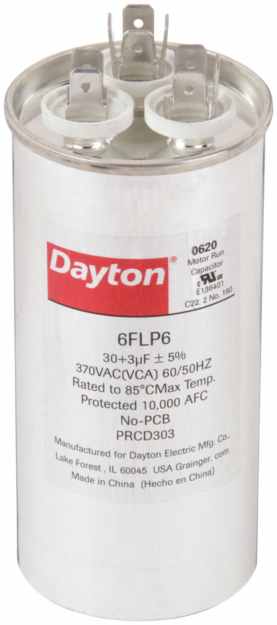 Motor Dual Run Capacitor: Round, 370V AC, 30/3 MFD, 2 in Overall Dia, 4 5/8 in Overall Ht