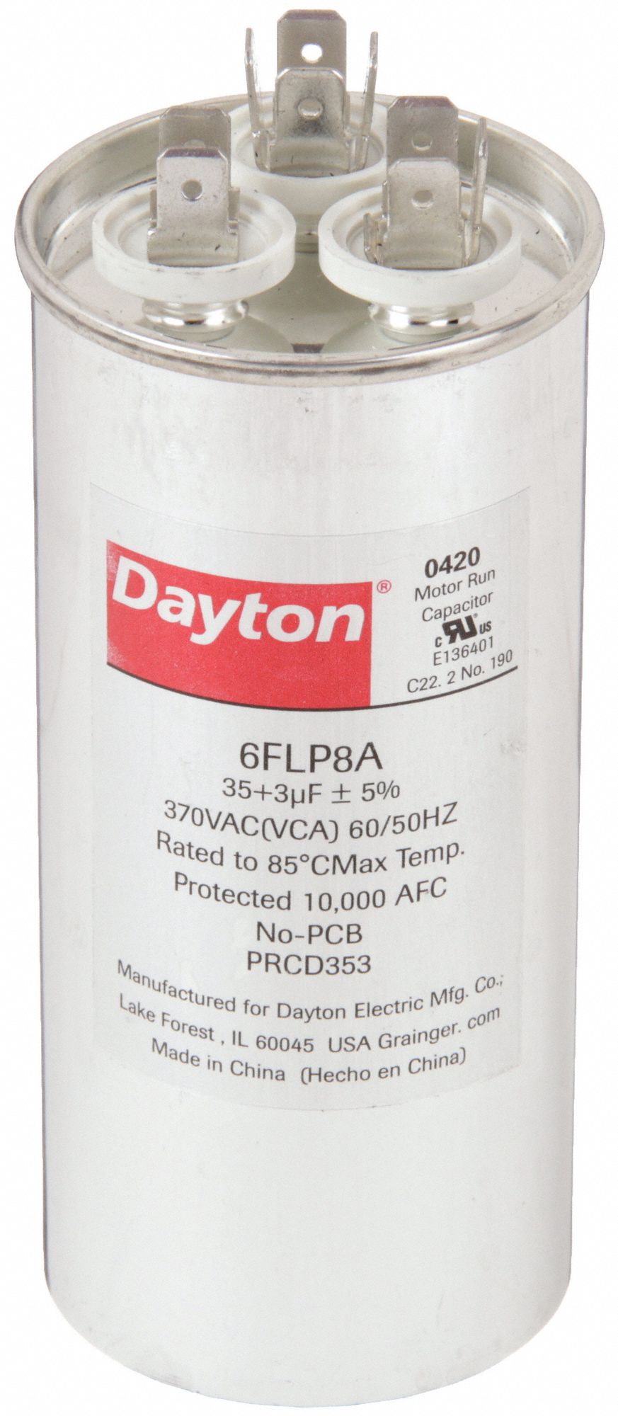 Motor Dual Run Capacitor: Round, 370V AC, 35/3 MFD, 2 in Overall Dia, 4 13/16 in Overall Ht