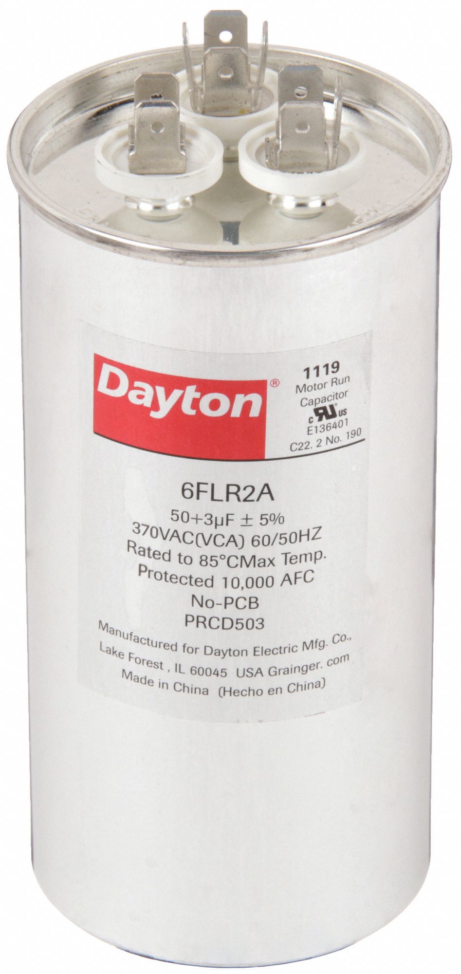 Motor Dual Run Capacitor: Round, 370V AC, 50/3 MFD, 2 3/8 in Overall Dia, 5 1/4 in Overall Ht