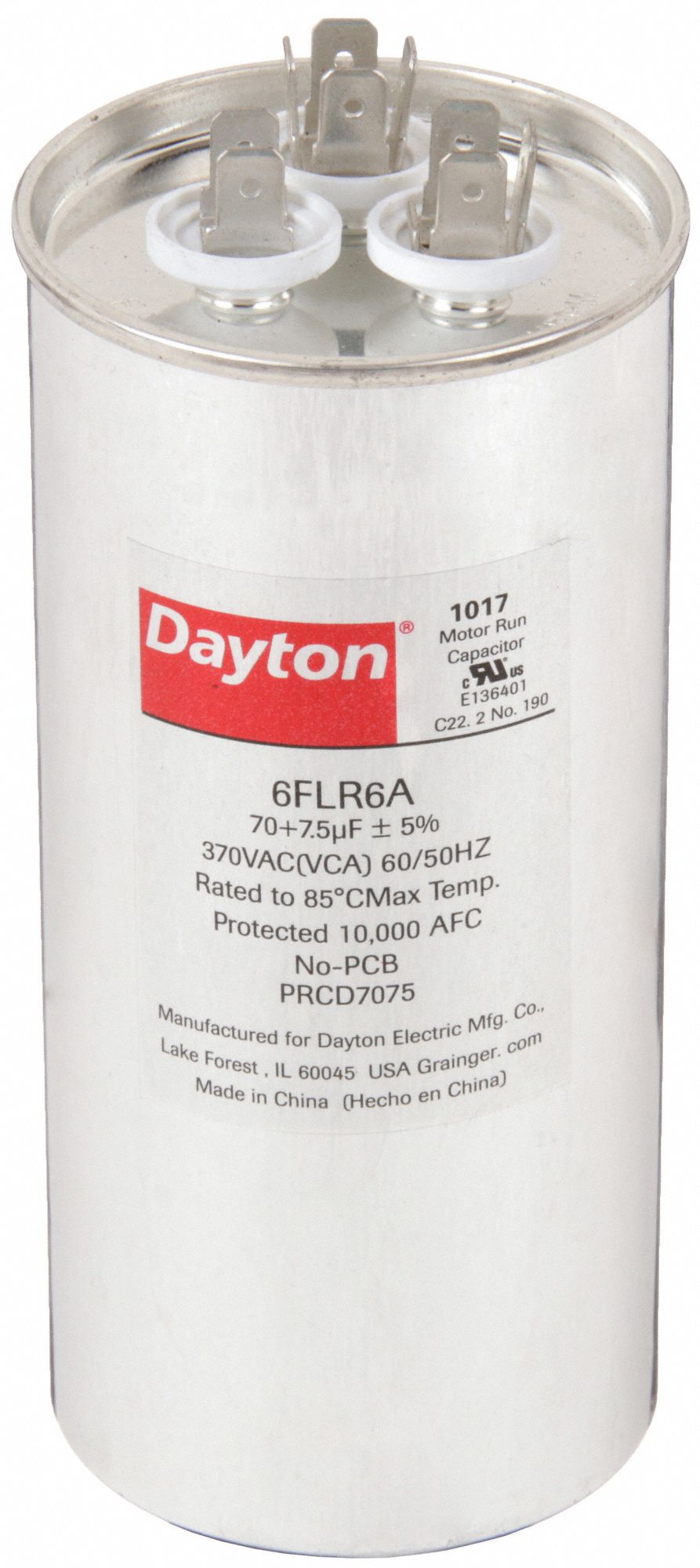 Motor Dual Run Capacitor: Round, 370V AC, 70/7.5 MFD, 2 3/8 in Overall Dia, Aluminum, Steel