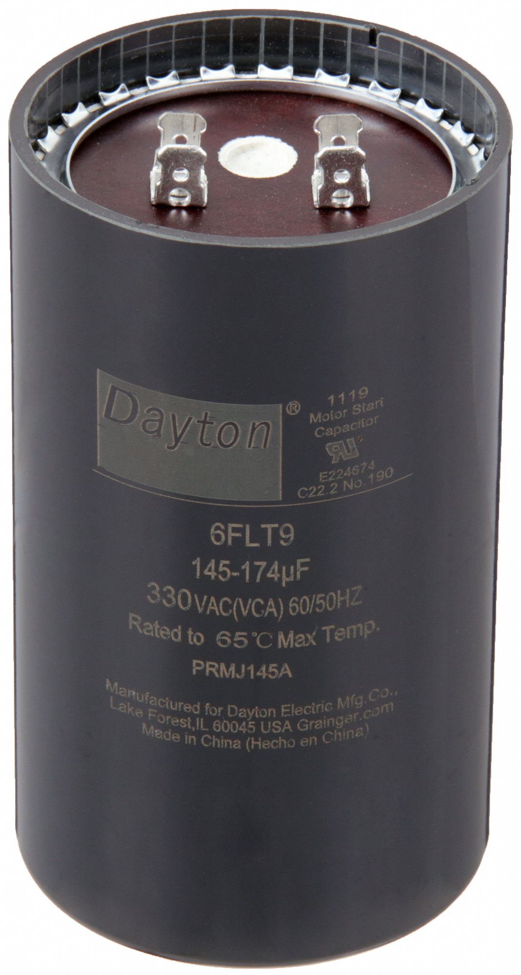 Motor Start Capacitor: Round, 4 3/8 in Case Ht, 2 9/16 in Dia, 330V AC, 145-174 MFD, Plastic