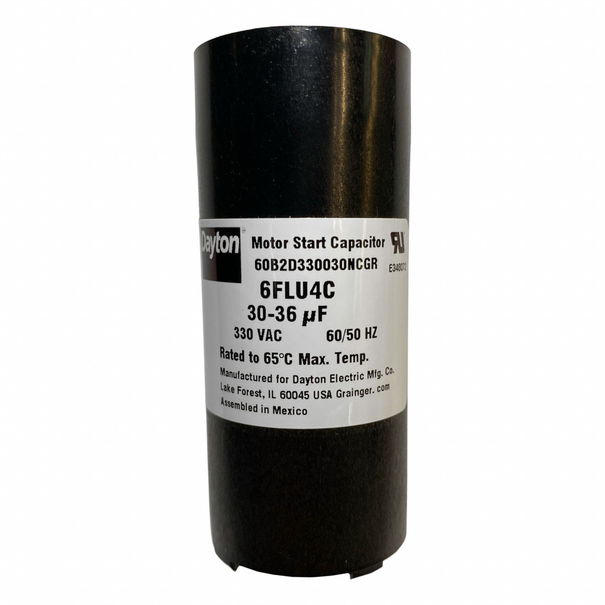 Motor Start Capacitor: Round, 3 3/8 in Case Ht, 1 7/16 in Dia, 330V AC, 30-36 MFD, Plastic
