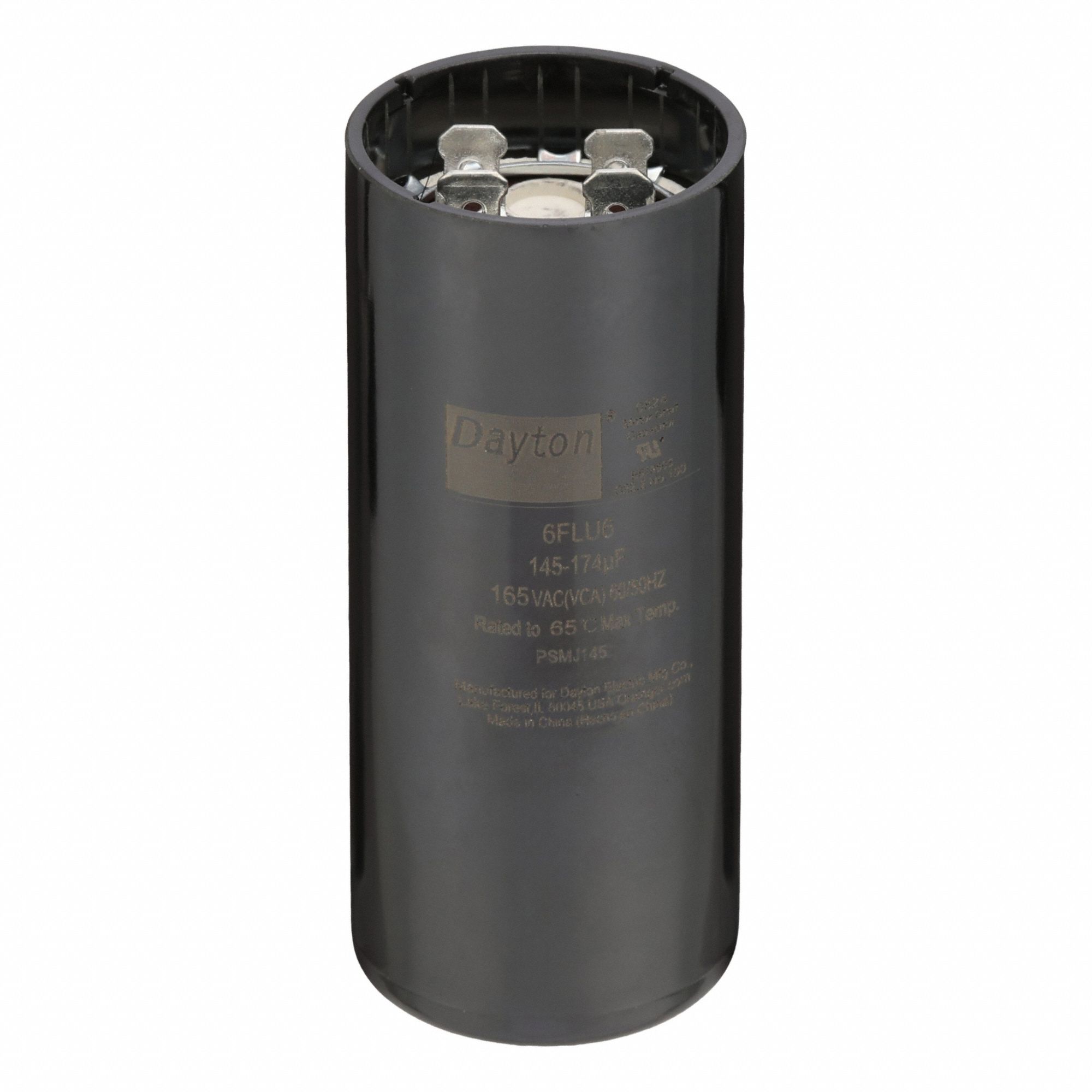 Motor Start Capacitor: Round, 3 3/8 in Case Ht, 1 7/16 in Dia, 165V AC, 145-174 MFD, Plastic