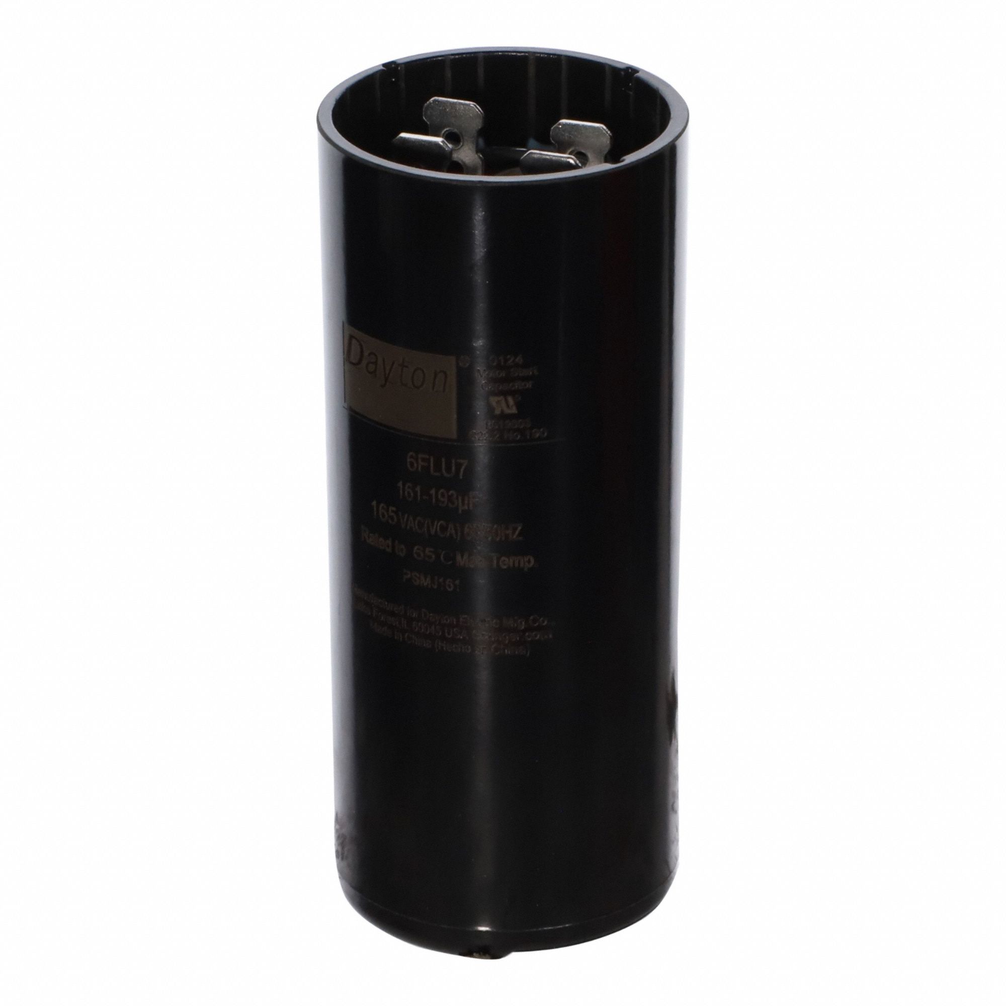Motor Start Capacitor: Round, 3 3/8 in Case Ht, 1 7/16 in Dia, 165V AC, 161-193 MFD, Plastic