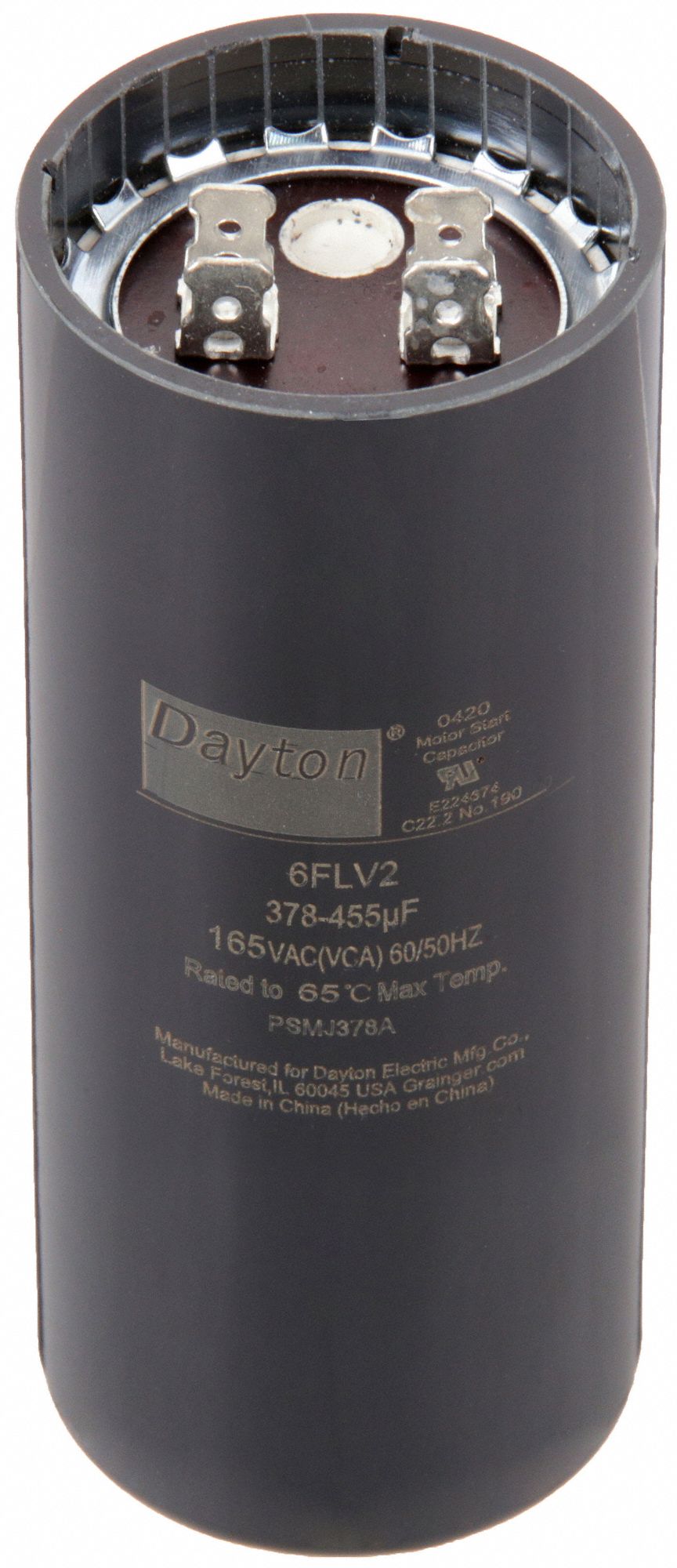 Motor Start Capacitor: Round, 4 3/8 in Case Ht, 1 13/16 in Dia, 165V AC, 378-455 MFD, Plastic