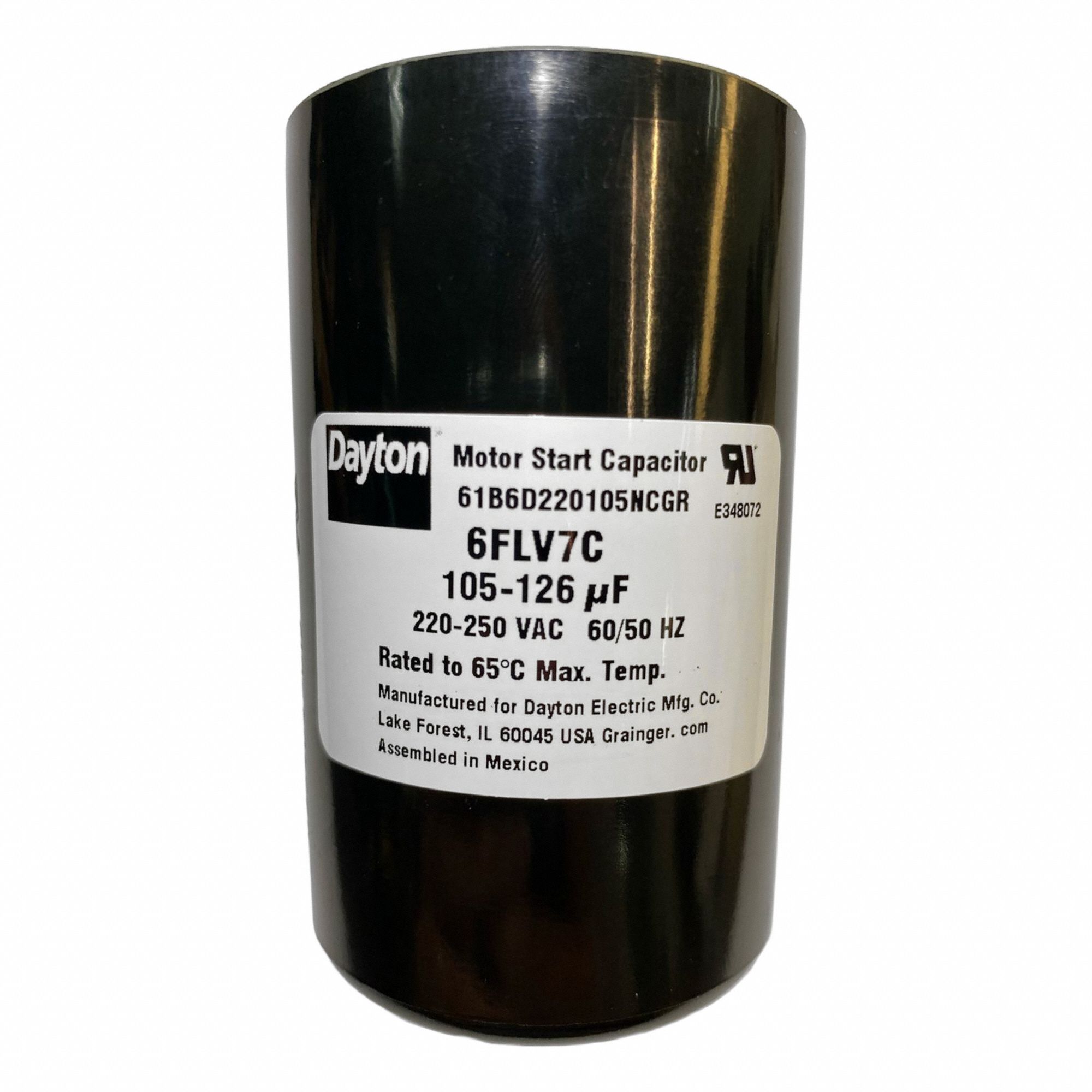 Motor Start Capacitor: Round, 3 3/8 in Case Ht, 2 1/16 in Dia, 220-250V AC, 105-126 MFD