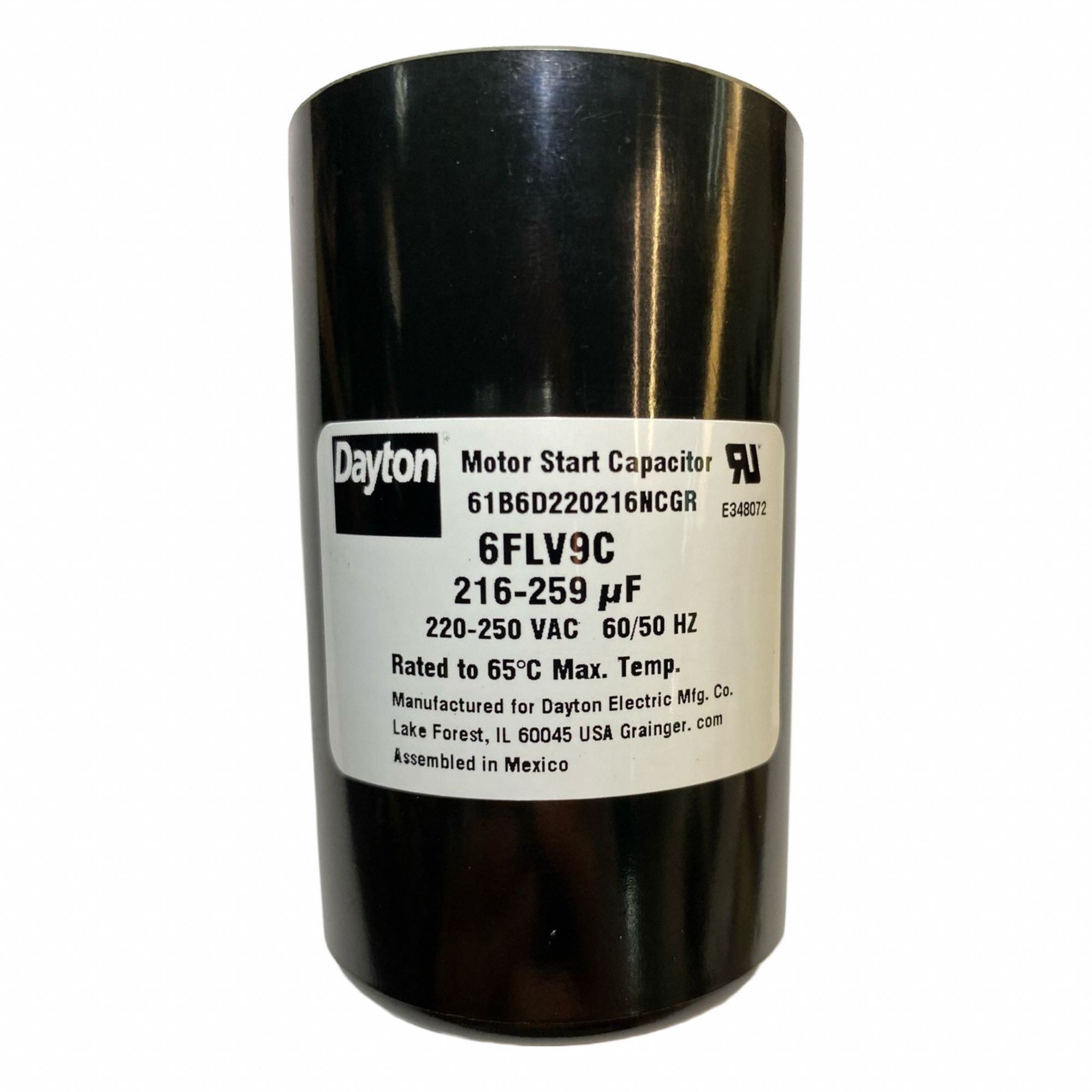 Motor Start Capacitor: Round, 3 3/8 in Case Ht, 2 1/16 in Dia, 220-250V AC, 216-259 MFD