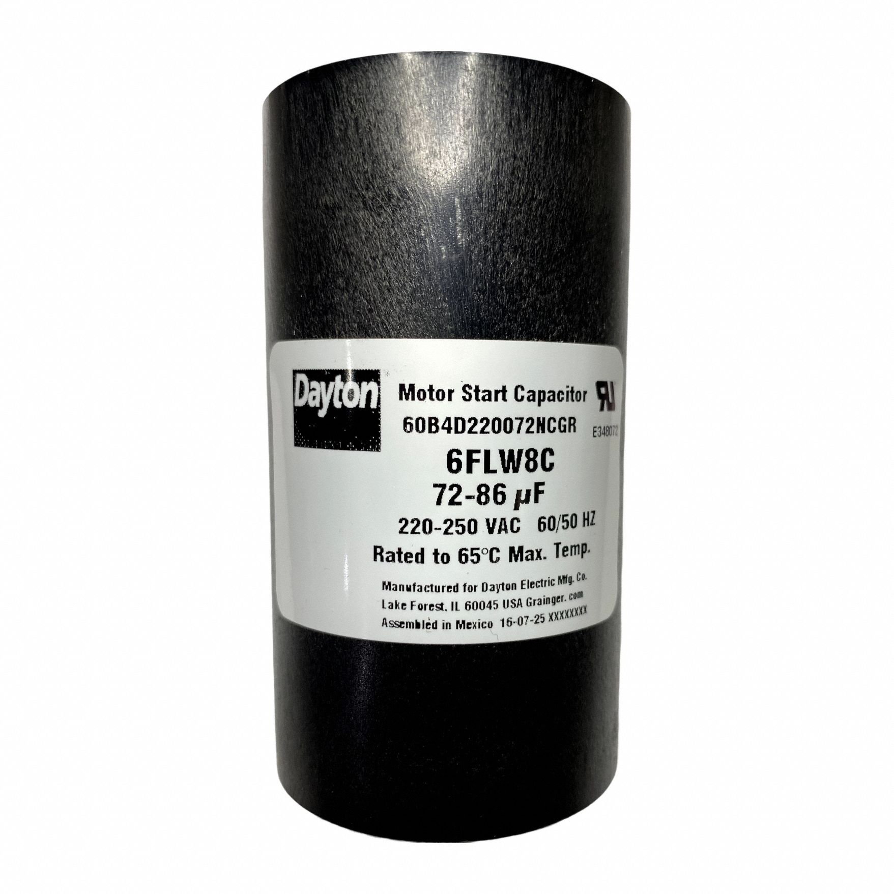 Motor Start Capacitor: Round, 3 3/8 in Case Ht, 1 13/16 in Dia, 220-250V AC, 72-86 MFD, 6FLW8