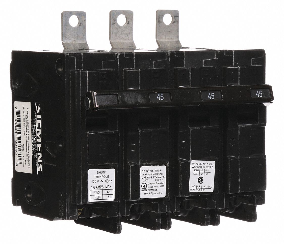 Miniature Circuit Breaker: 45 A Amps, 120/240V AC, 3 Poles, Shunt Trip