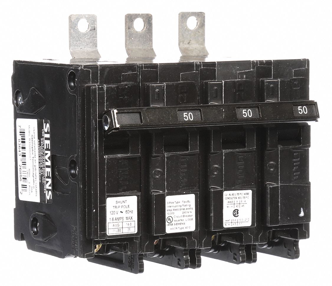 Miniature Circuit Breaker: 50 A Amps, 120/240V AC, 3 Poles, Shunt Trip