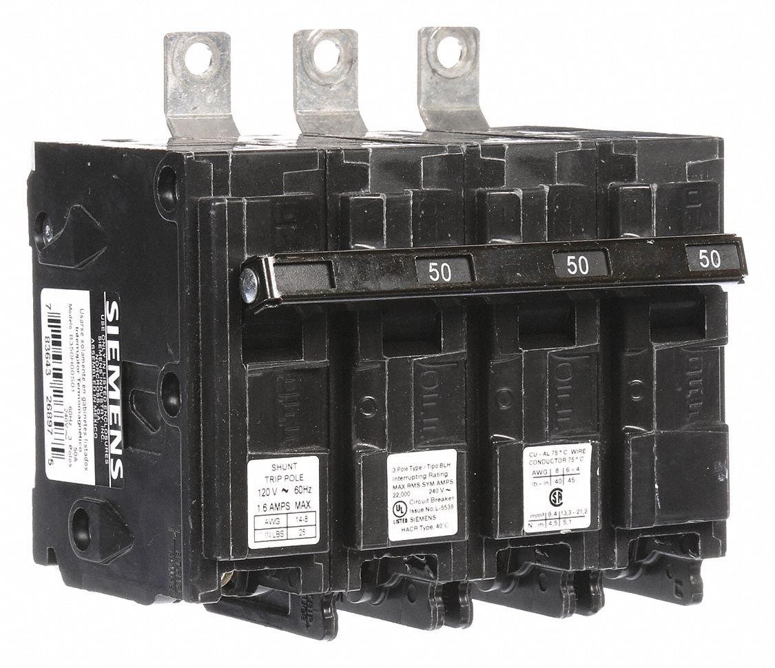 Miniature Circuit Breaker: 50 A Amps, 120/240V AC, 3 Poles, Shunt Trip