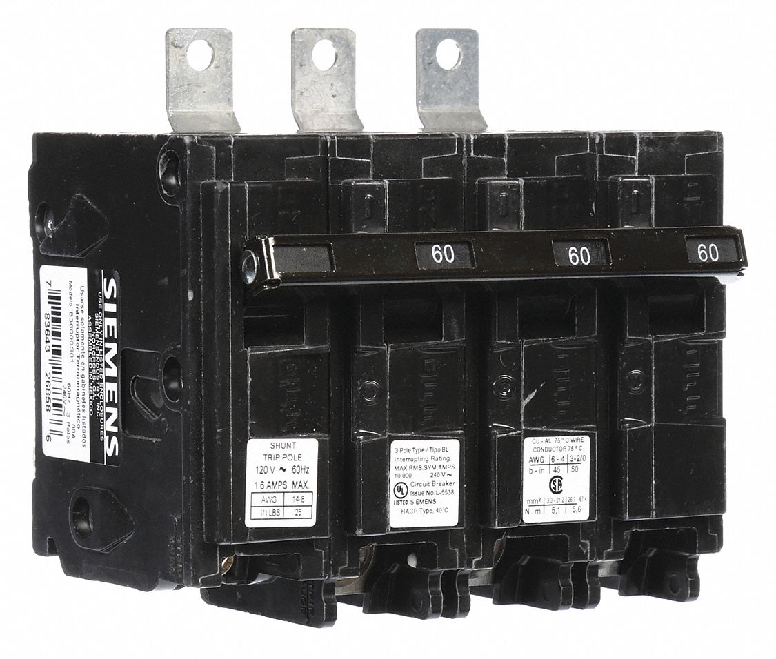 Miniature Circuit Breaker: 60 A Amps, 120/240V AC, 3 Poles, Shunt Trip
