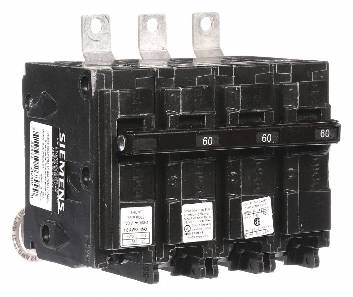 Miniature Circuit Breaker: 60 A Amps, 120/240V AC, 3 Poles, Shunt Trip