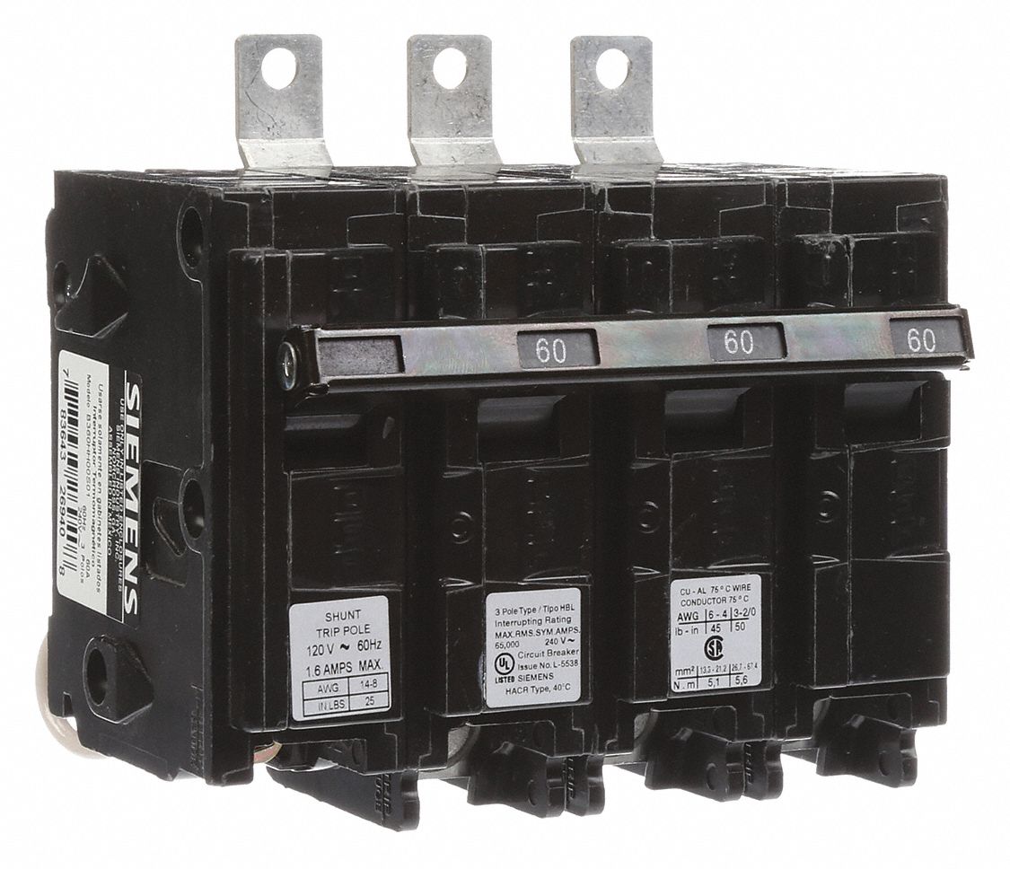 Miniature Circuit Breaker: 60 A Amps, 120/240V AC, 3 Poles, Shunt Trip