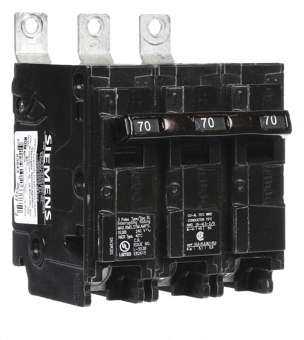 Miniature Circuit Breaker: 70 A Amps, 240V AC, 3 Poles, Std