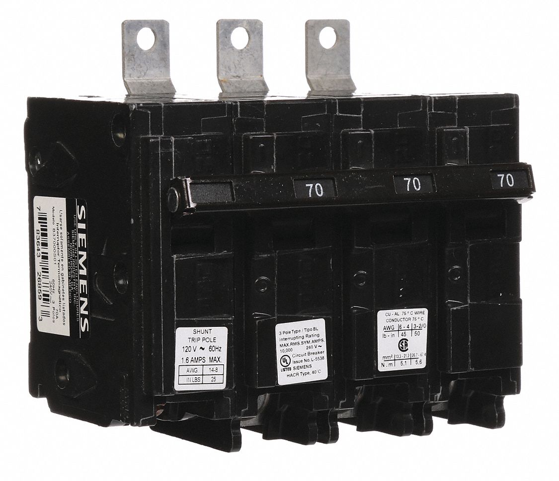 Miniature Circuit Breaker: 70 A Amps, 120/240V AC, 3 Poles, Shunt Trip