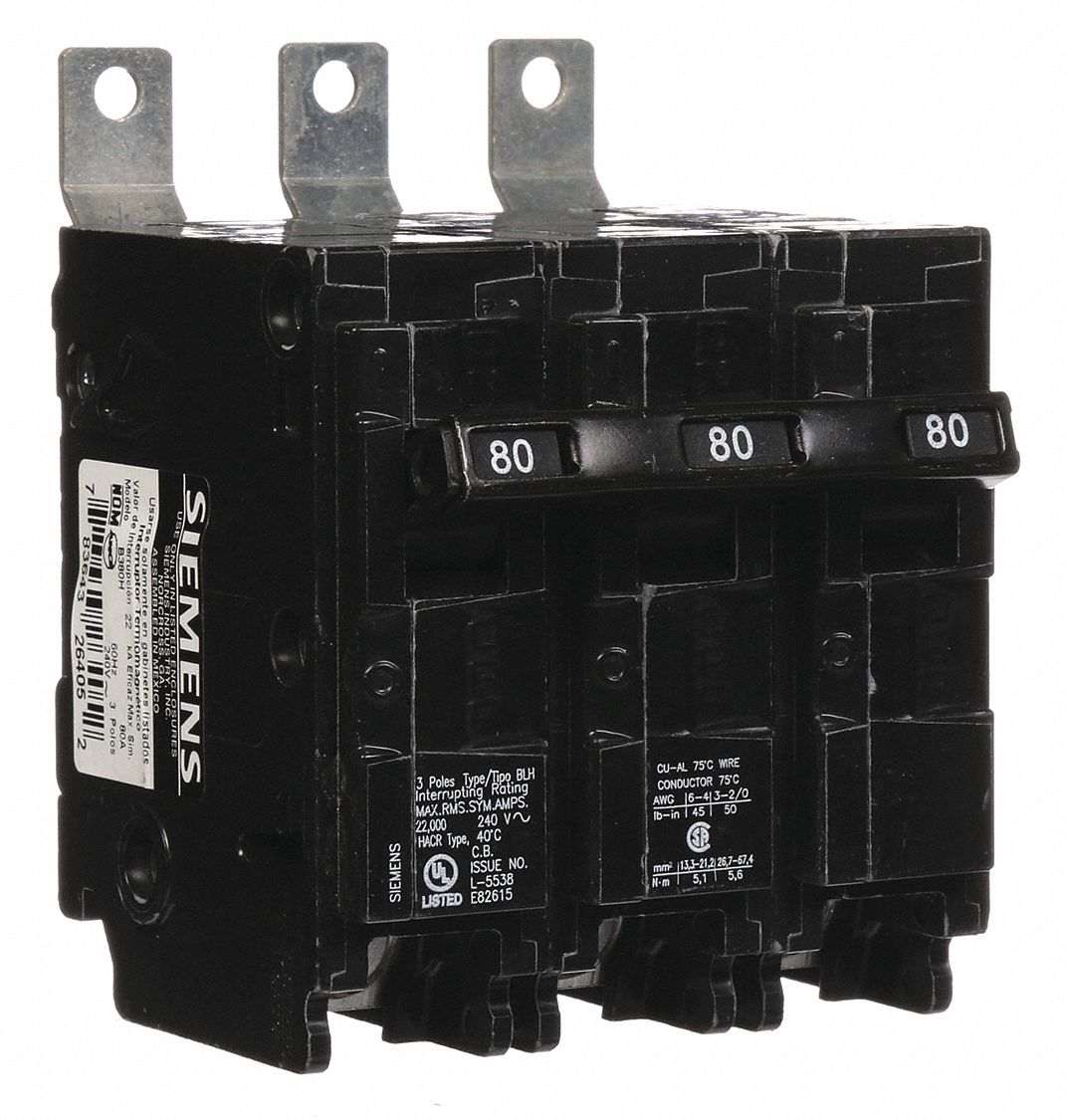 Miniature Circuit Breaker: 80 A Amps, 240V AC, 3 Poles, Std