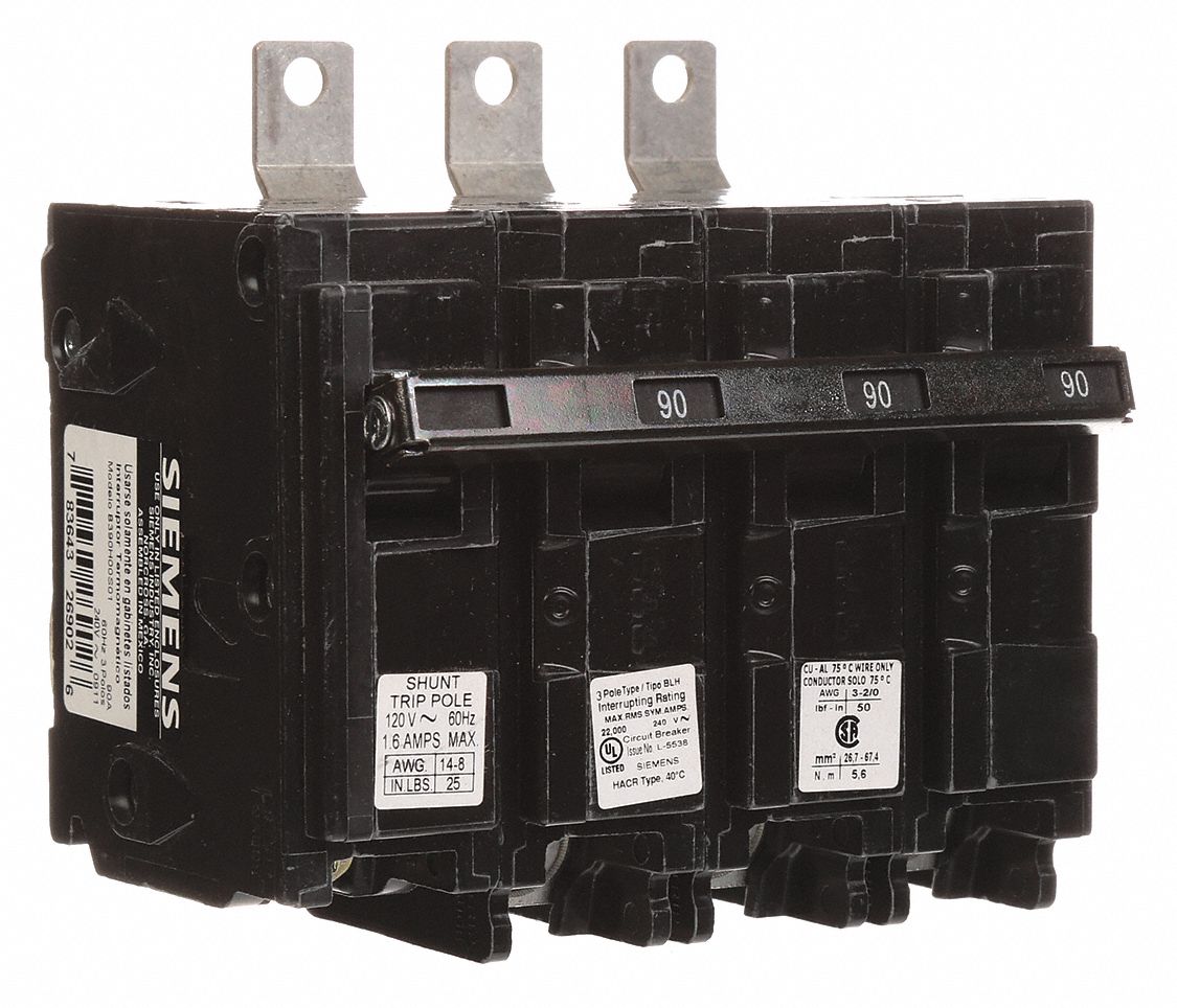 Miniature Circuit Breaker: 90 A Amps, 120/240V AC, 3 Poles, Shunt Trip