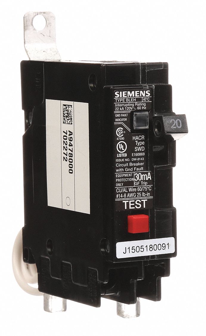 Miniature Circuit Breaker: 20 A Amps, 120V AC, 1 Poles, Ground Fault Equipment Protection