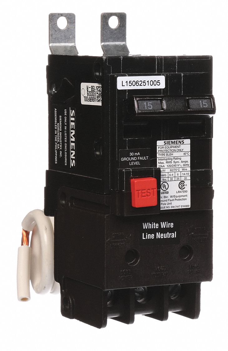 Miniature Circuit Breaker: 15 A Amps, 120/240V AC, 2 Poles, Ground Fault Equipment Protection
