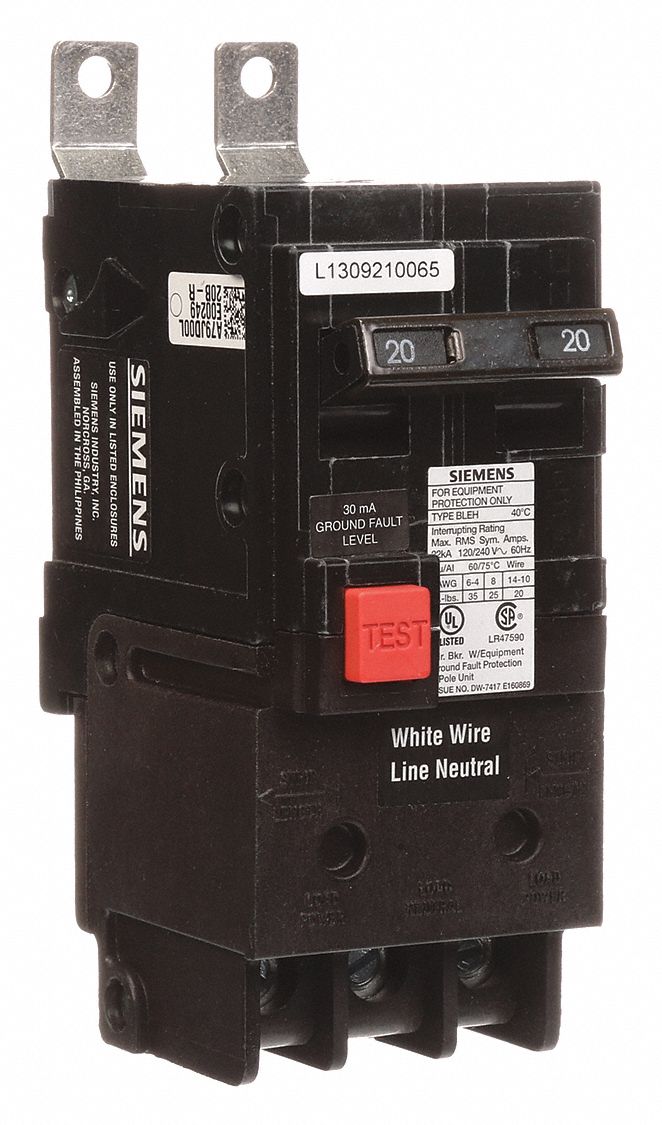 Miniature Circuit Breaker: 20 A Amps, 120/240V AC, 2 Poles, Ground Fault Equipment Protection