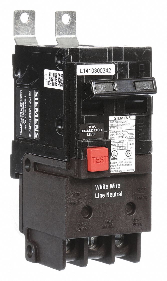 Miniature Circuit Breaker: 30 A Amps, 120/240V AC, 2 Poles, Ground Fault Equipment Protection
