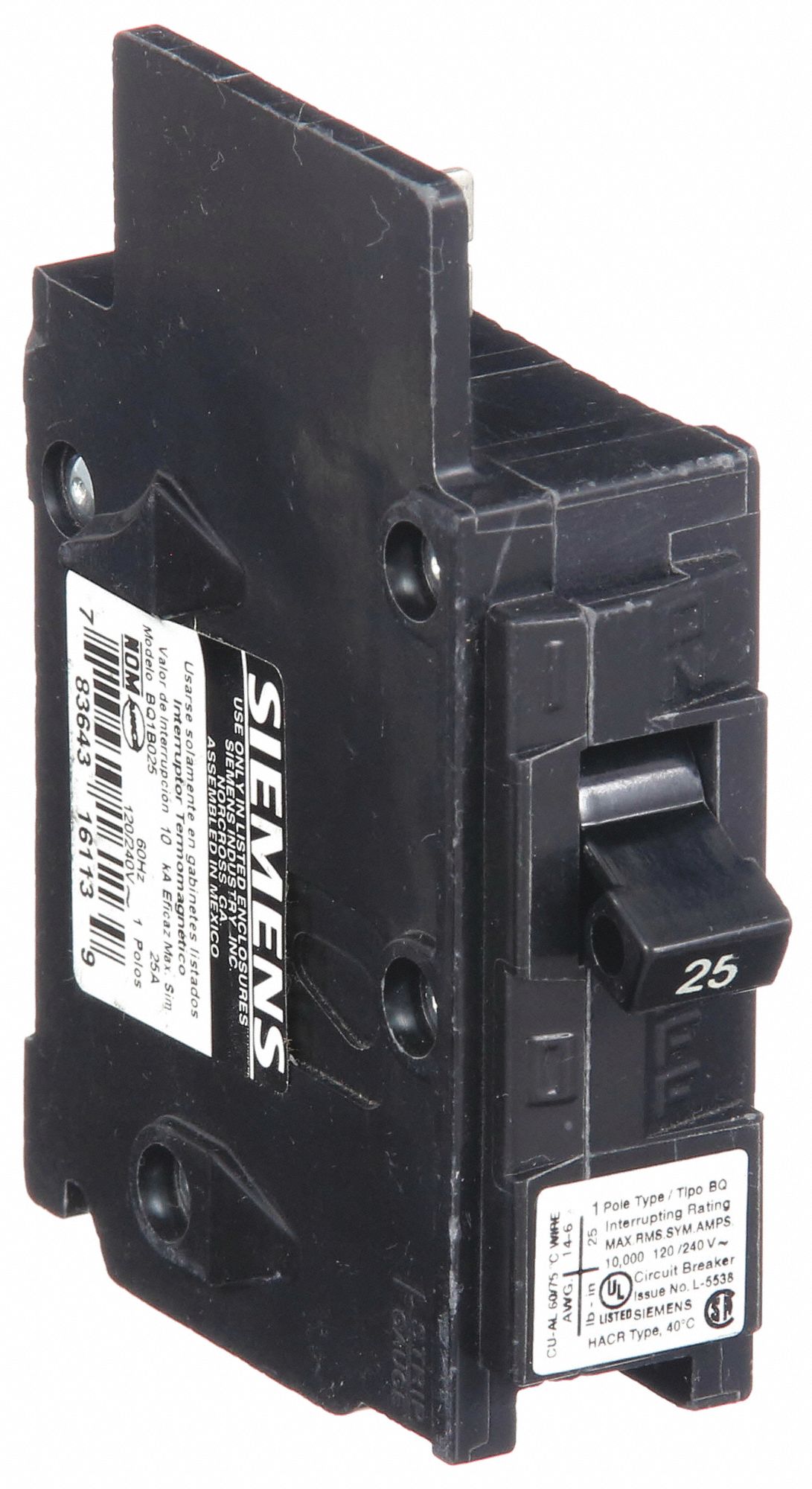 Miniature Circuit Breaker: 25 A Amps, 120V AC, 1 Poles, Std